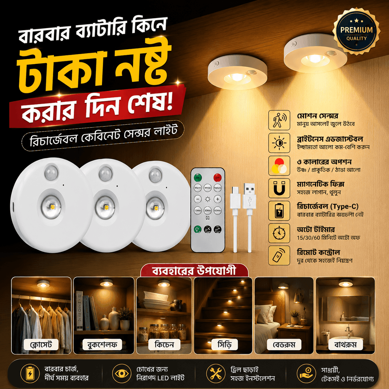 3pcs Rechargeable Cabinet Closet Motion Sensor Spot Lights 2