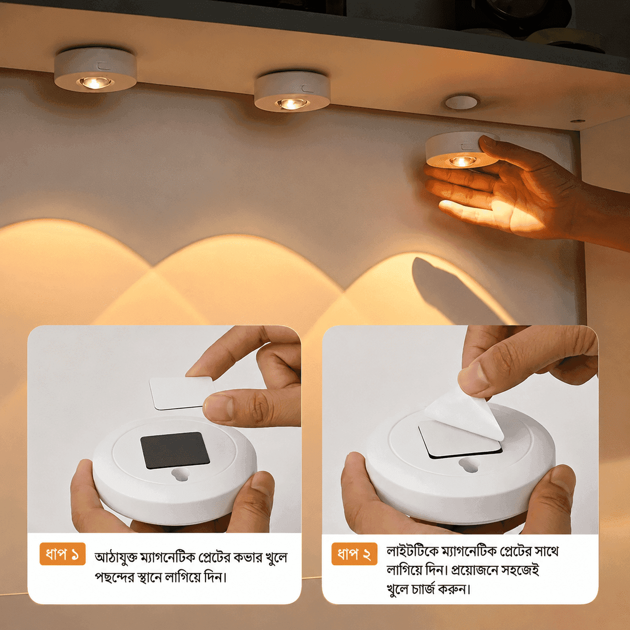 3pcs Rechargeable Cabinet Closet Motion Sensor Spot Lights 5